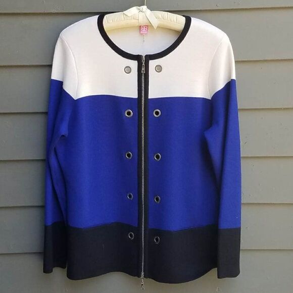 Euro Lux Basler Virgin Wool Color Block Blue/Black/Cream Cardigan Size 44 (XL) - Picture 1 of 9